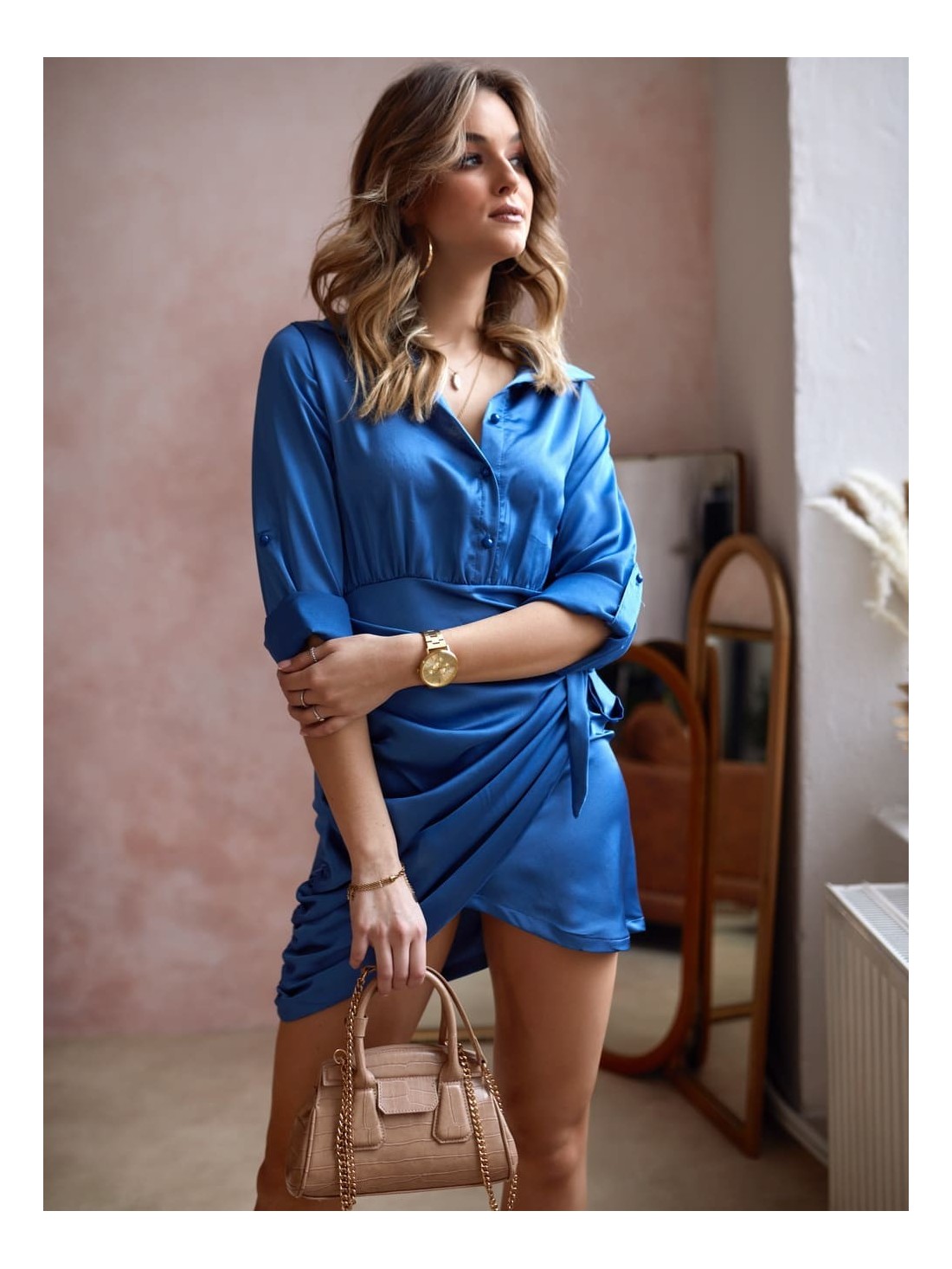 Shirt dress with a tied front indigo FG642 - Online store - Boutique